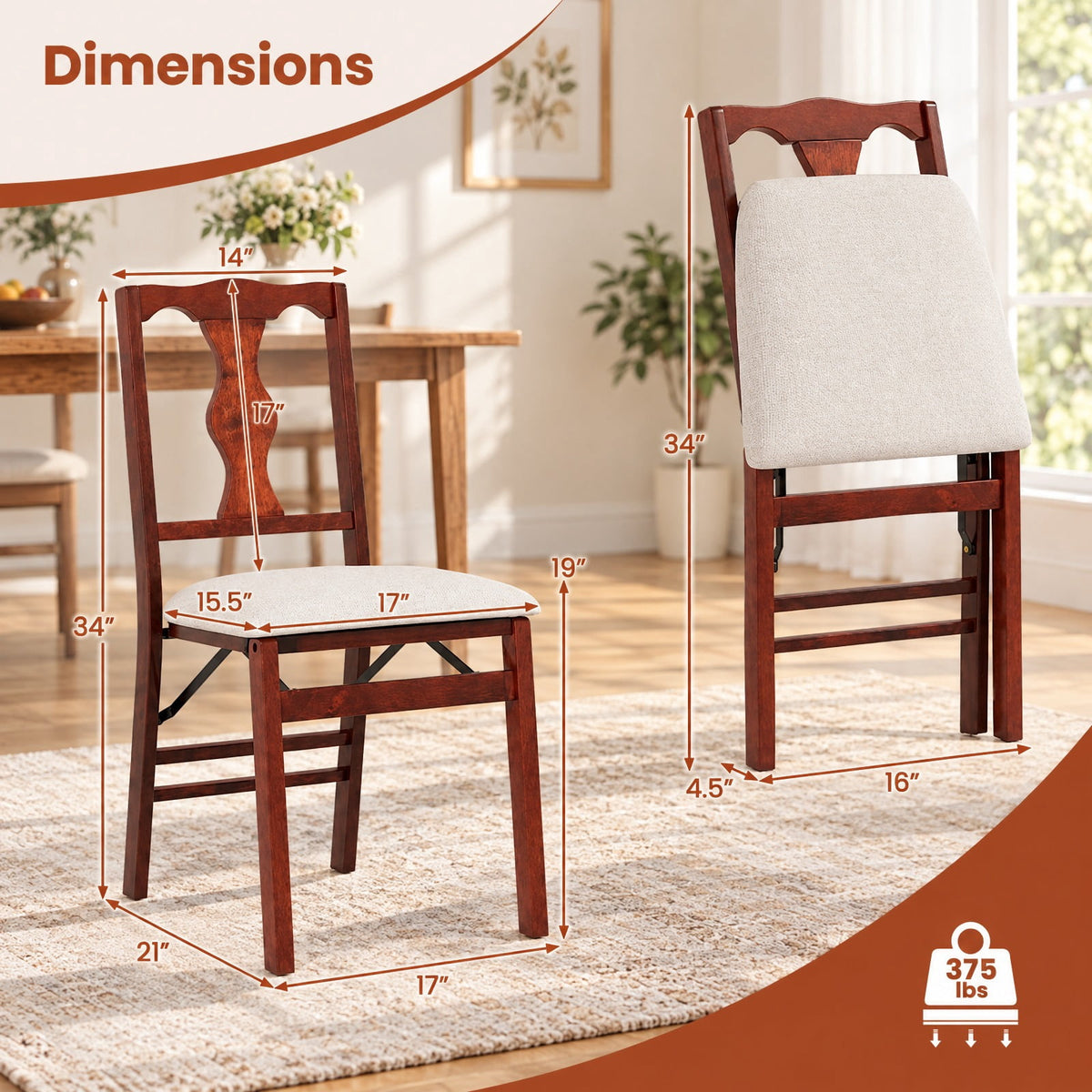 Airfind Folding Chairs Set of 2 Upholstered Dining Chairs with Comfy Padded Seats, 375 lbs Capacity, Rubber Wood Plywood Linen Fabric Sponge Frame