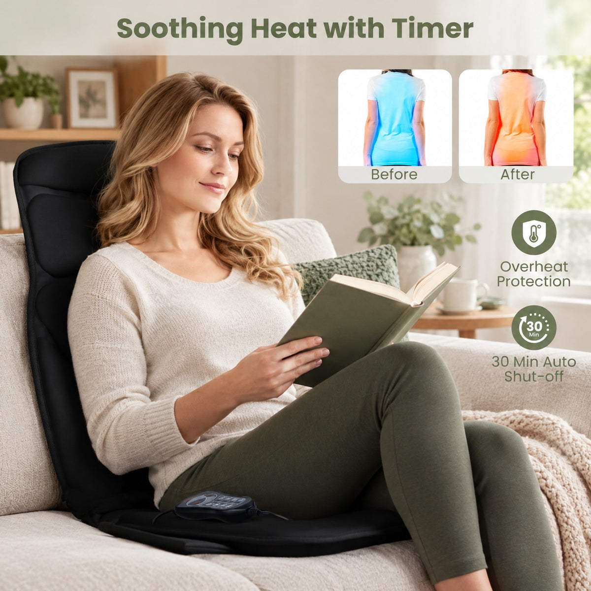 Airfind Back Massager Seat Cushion with Heat and 10 Vibration Motors for Pain Relief, Sponge Polyester Frame, 41.34 x 19.69 x 1.38 Footprint