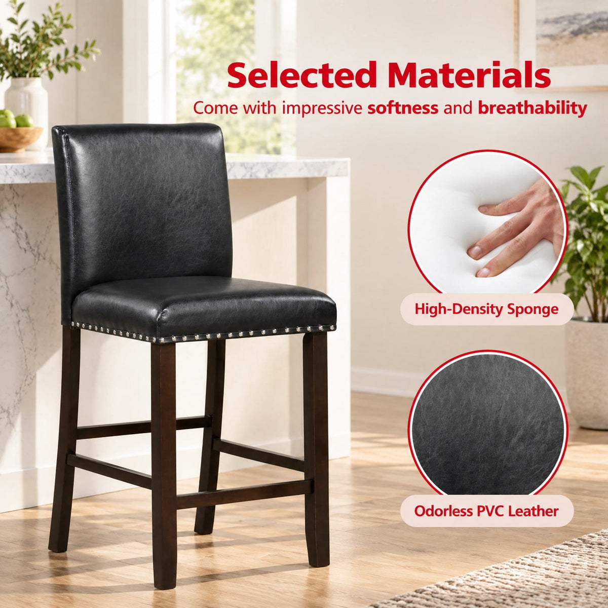 Airfind Set of 2 PVC Leather Bar Stools with Back for Kitchen Island, 245 lbs Capacity, Linen fabric(Gray)/PVC Leather(Black) LVL Frame