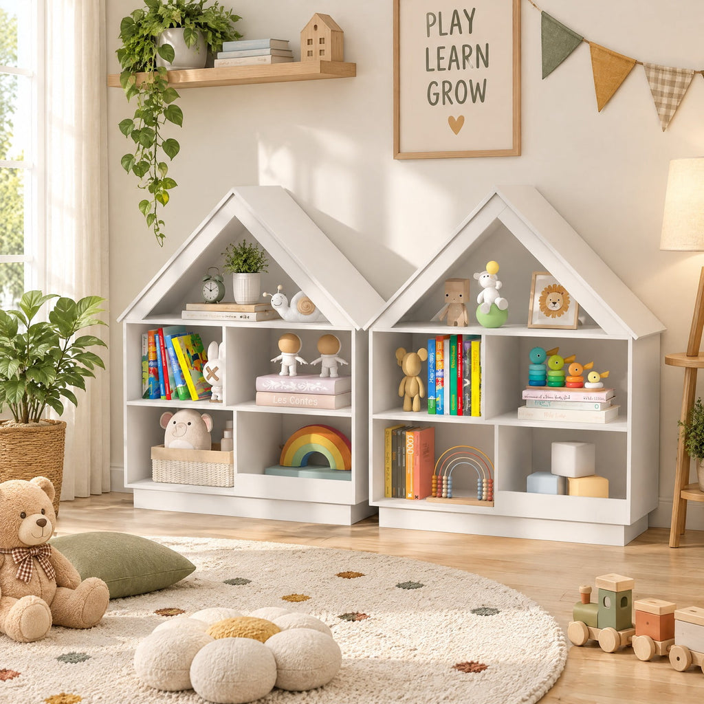 Airfind 3-Tier House-Shaped Toy Storage Organizer with Open Shelves, 240 lbs Capacity, MDF Engineered Wood Frame, 34.5 x 13.5 x 42.5 Footprint