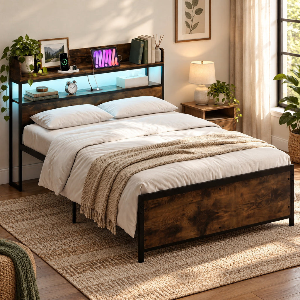 Airfind LED Bed Frame with Power Outlets and Storage Headboard, 1000 lbs Capacity, Engineered Wood Metal MDF Frame