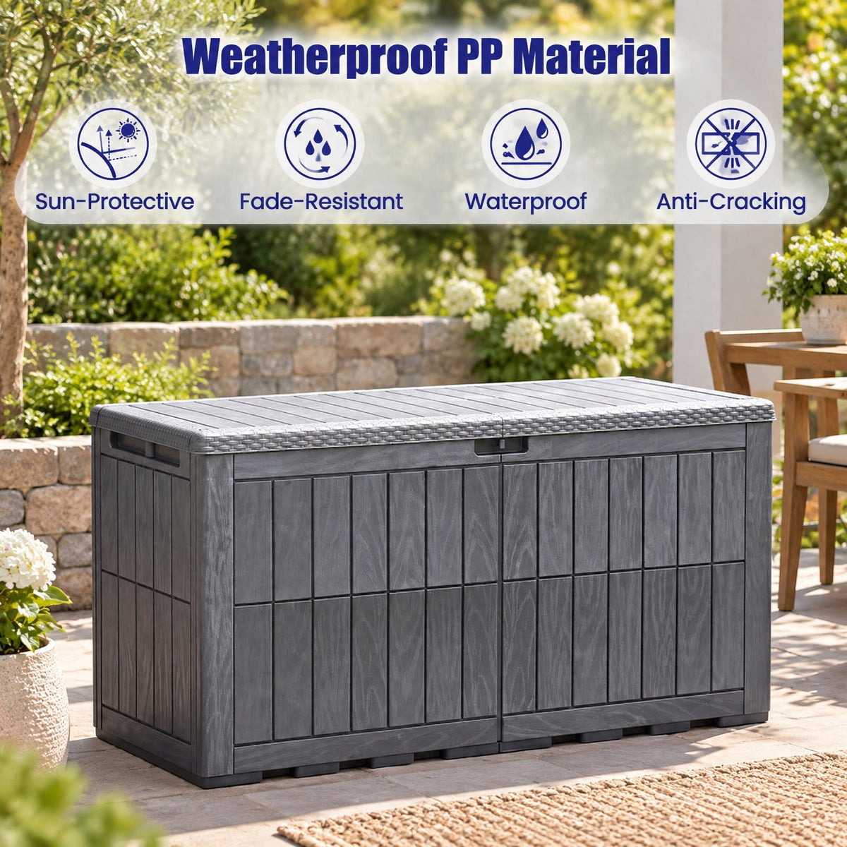 Airfind 120 Gal Outdoor Deck Box with Lid and Handles for Garden Tools, 540 lbs Capacity, PP Metal, 52 Inch x 24 Inch x 25 Inch , Gray