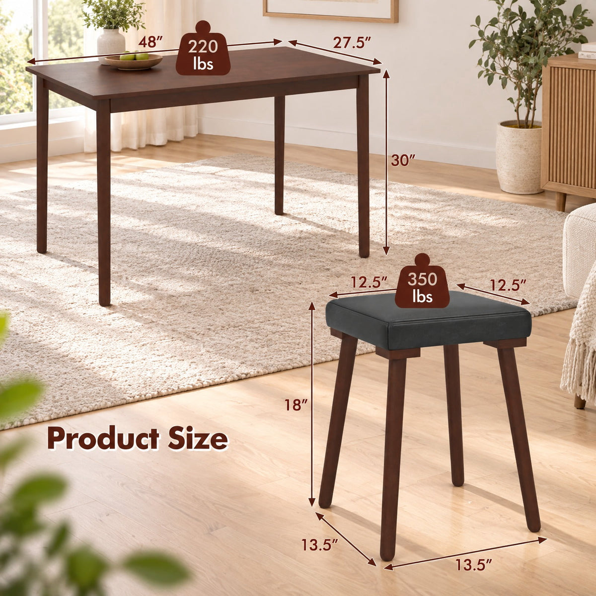 Airfind 5 Piece Dining Table Set for 4 with 4 Upholstered Stools and Rubber Wood Legs, Brown, for Everyday Home Use, for Easy Setup