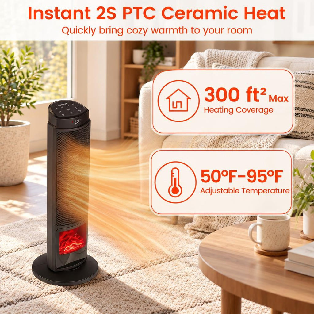 Airfind 24 Inch 1500W PTC Ceramic Tower Space Heater with 7-Color Flame, 9 Inch x 24 InchLength of Footprint for Everyday Use, Black