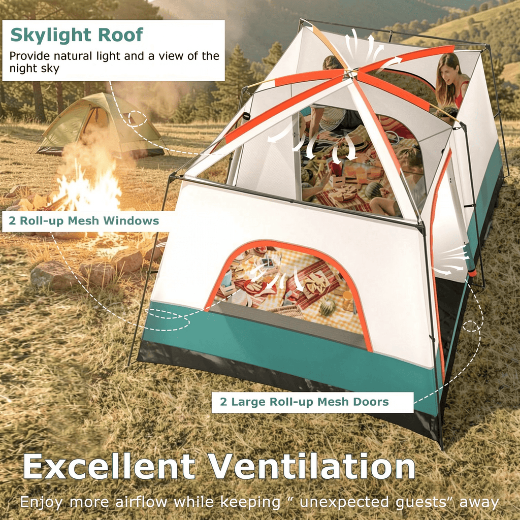 Airfind 6-8 Person Large Family Camping Tent with Porch, 2 Rooms and 2 Doors, Waterproof Cabin Tent with Skylight and Rainfly, Green