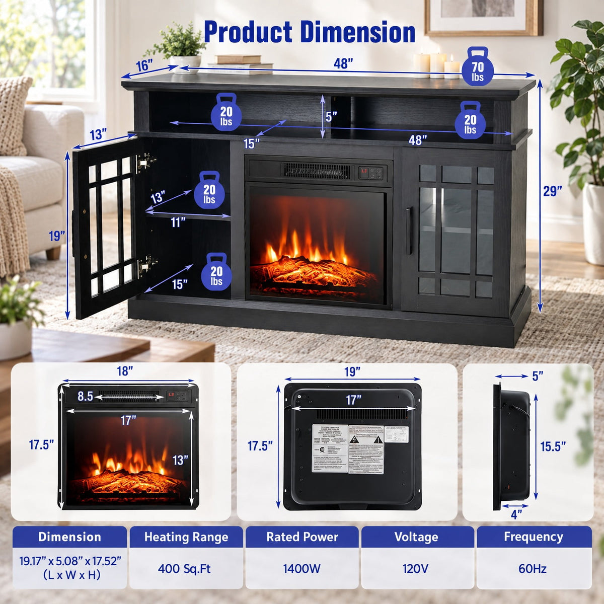 Airfind 48 Inch Electric Fireplace TV Stand with Cabinets for TVs up to 55 Inch, 70 Lbs Capacity, 48 Inch X 16 Inch X 30 Inch, Black