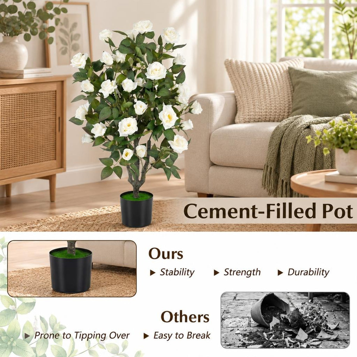 Airfind Artificial Rose Tree, 35.5 Inch, with Blooming Flowers and Leaves for Indoor, Silk Fabric Rubberized Fabric PE PP Tree Height 35.5 Inch Frame, White