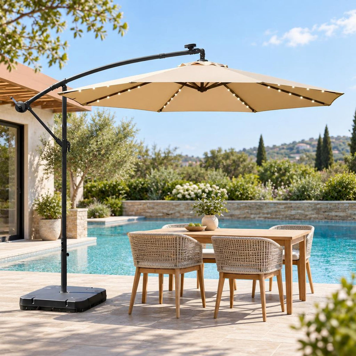 Airfind 10 Feet Cantilever Umbrella with 32 LED Lights and Solar Panel Batteries, Polyester Fabric Metal Oxford Fabric Frame, Beige