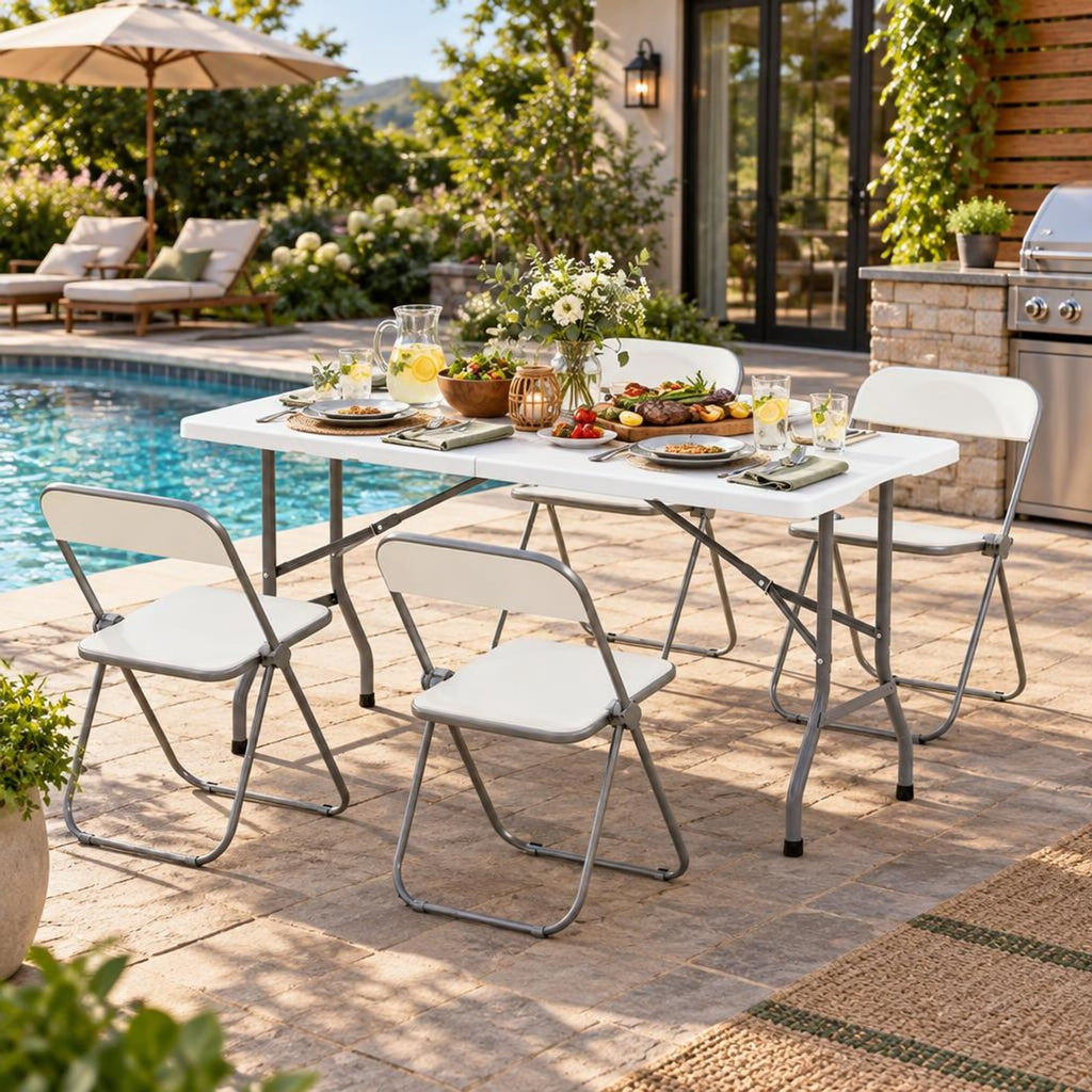 Airfind 5FT Folding Picnic Table with Wood Grain HDPE Tabletop and Non-slip Foot Pads, 400 lbs Capacity, HDPE Metal Frame, White