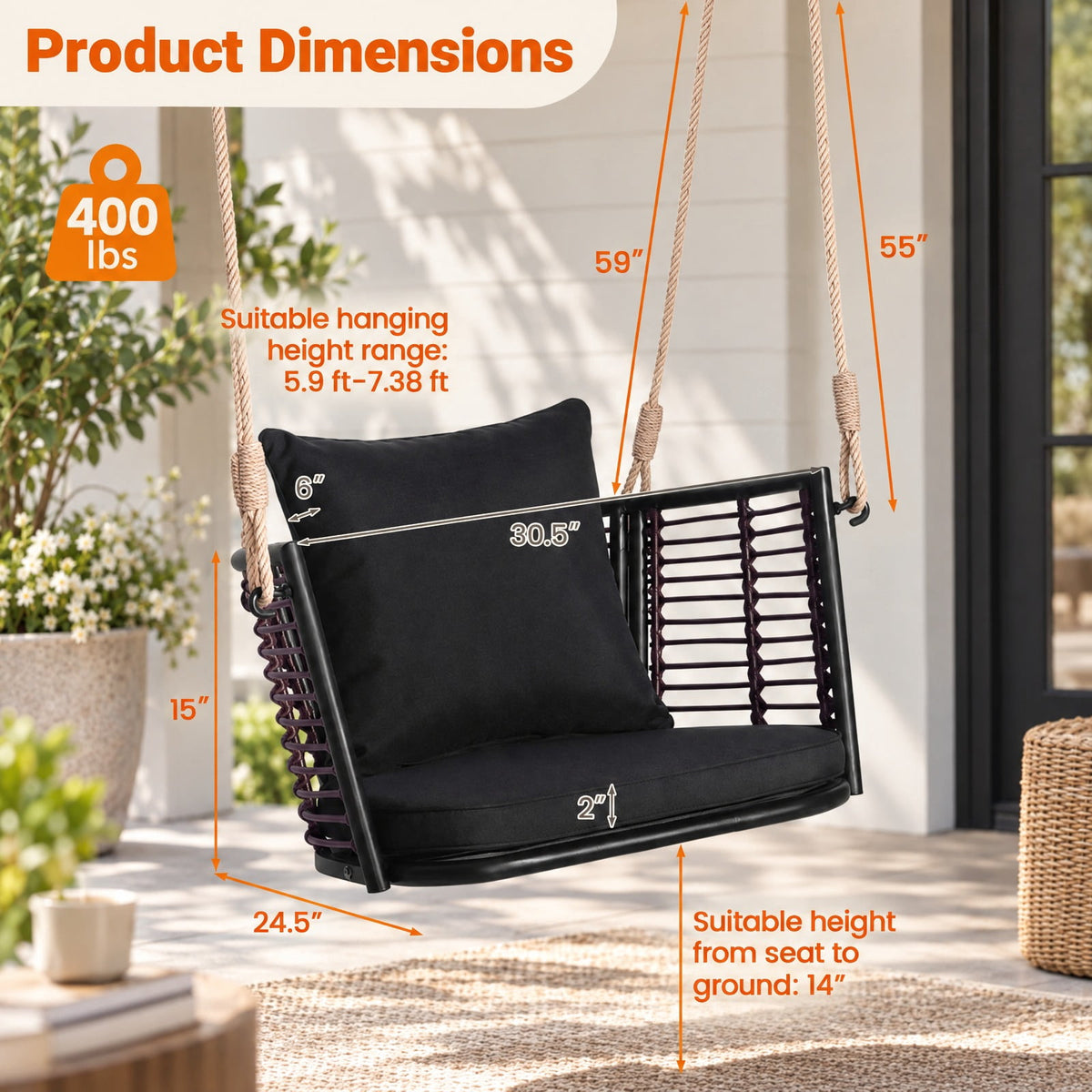 Airfind Porch Swing Patio Hanging Rattan Chair with Zippered Cushions and Rope, 400 lbs Capacity, 30.5 x 24.5 x 15 Suitable Hanging Footprint