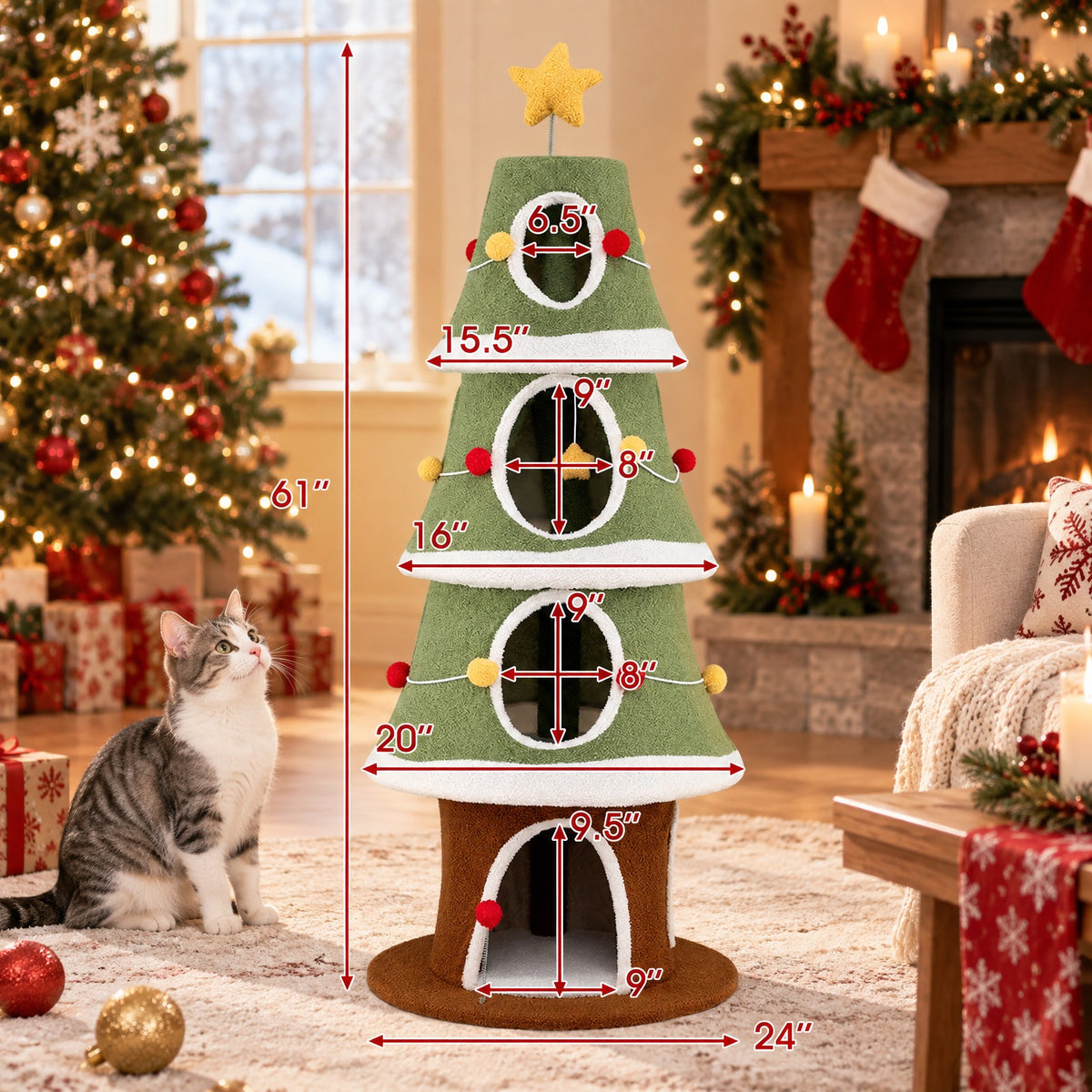 Airfind Large Christmas Cat Tree for Indoor Cats 61 Inch Cute Cat Tower with 4 Condos, 11 lbs Capacity, Engineered Wood Plush Fabric Frame, Green
