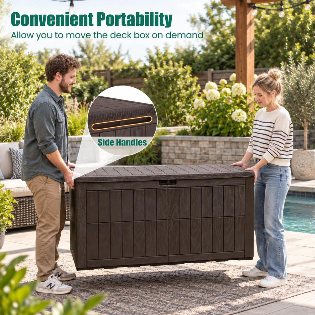 Airfind 120 Gal Outdoor Deck Box with Lid and Handles for Garden Tools, 540 lbs Capacity, PP Metal, 52 Inch x 24 Inch x 25 Inch , Brown