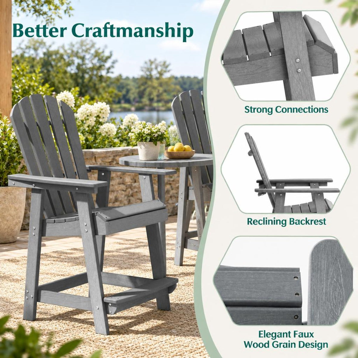 Airfind HDPE Patio Lounge Chair with Armrests and Footrest and Faux Wood Grain Finish for Indoor and Outdoor Backyard Use, Gray