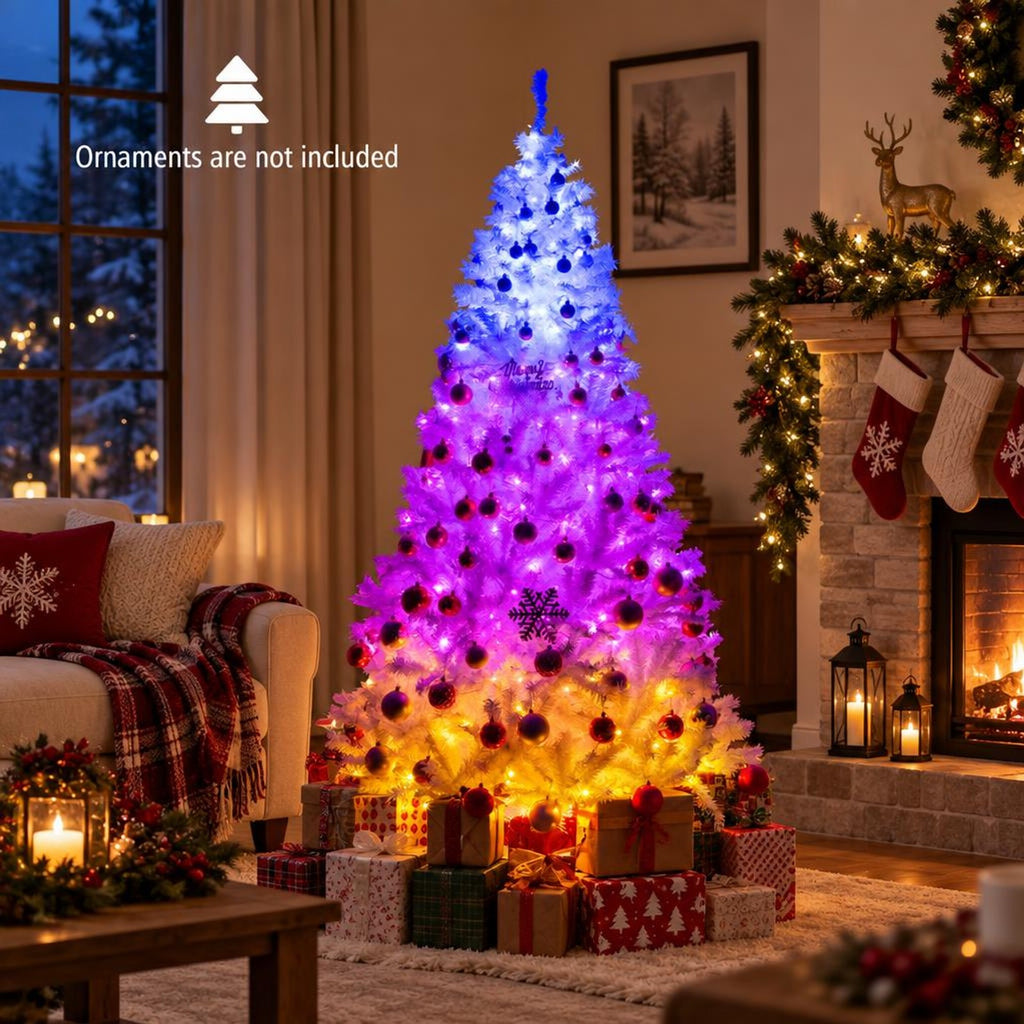 Airfind Pre Lit Artificial Christmas Tree, 7 Ft Hinged Holiday Tree featuring 11 Lighting Modes and Metal Stand for Seasonal Display, White