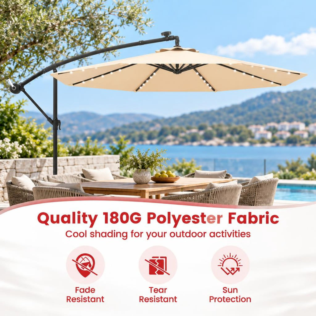 Airfind 10 Feet Cantilever Umbrella with 32 LED Lights and Solar Panel Batteries, Polyester Fabric Metal Oxford Fabric Frame, Beige