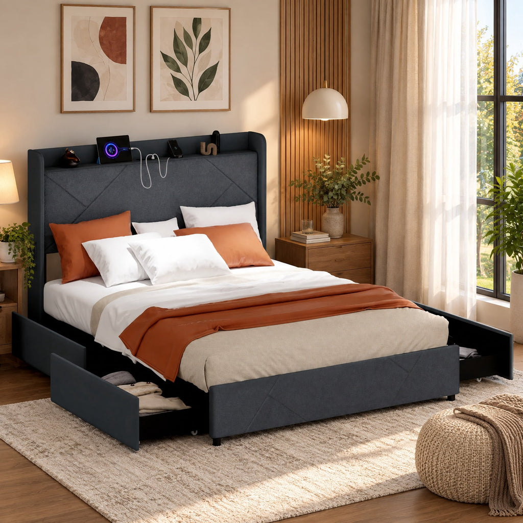 Airfind Full/Queen Size Bed Frame with LED Lights and Charging Station, 1100 lbs Capacity, 82.5 x 57 x 48 Bed Platform 75 x 54.5 Footprint