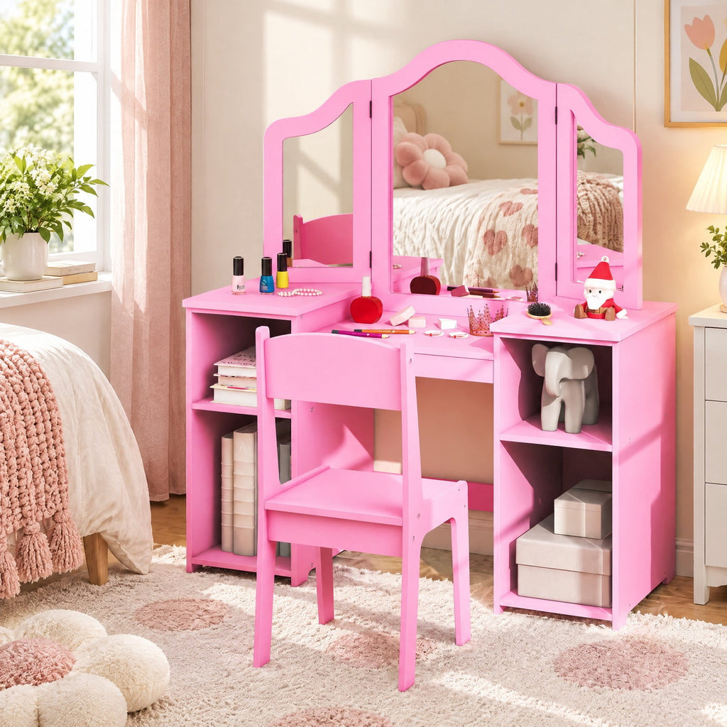 Airfind Kids Vanity Table and Chair Set with Removable Tri-Folding Mirror, 220 lbs Capacity, MDF Acrylic Frame, for 3+ Years Old, Pink