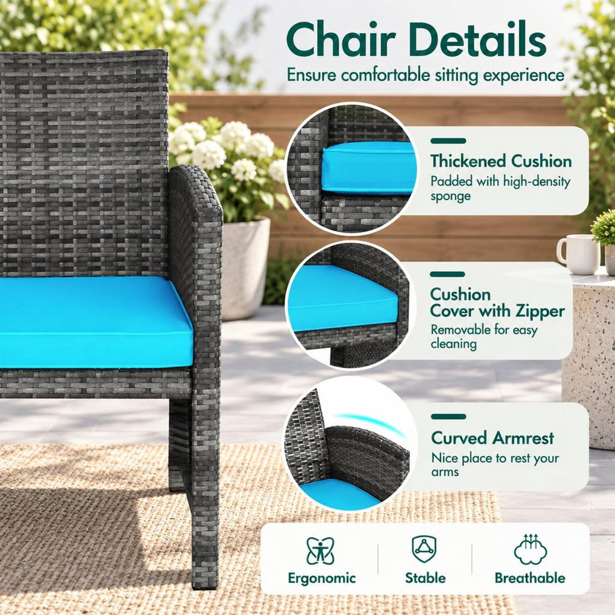 Airfind 4 Pieces Patio Rattan Furniture Set with Cushions, PE Rattan Polyester Fiber Steel Sponge Single Sofa Frame, Turquoise