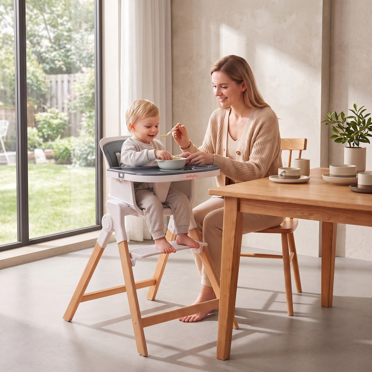 Airfind 4-in-1 Convertible Baby High Chair with Detachable Adjustable Tray, Beech Wood Legs