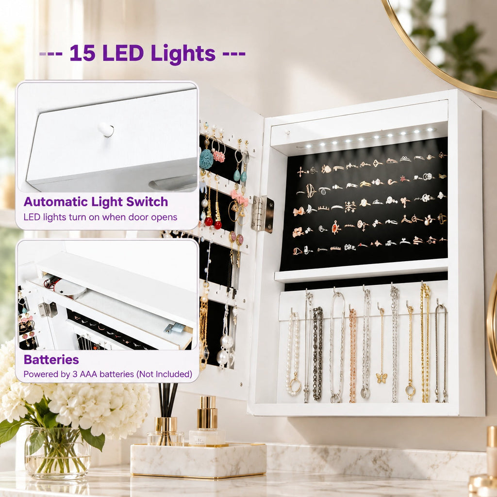 Airfind Wall Mounted Lockable Mirror Jewelry Cabinet with LED Light, Real glass quality MDF soft velvet Frame, 14.5in x 3.5in x 56.5in Footprint, White