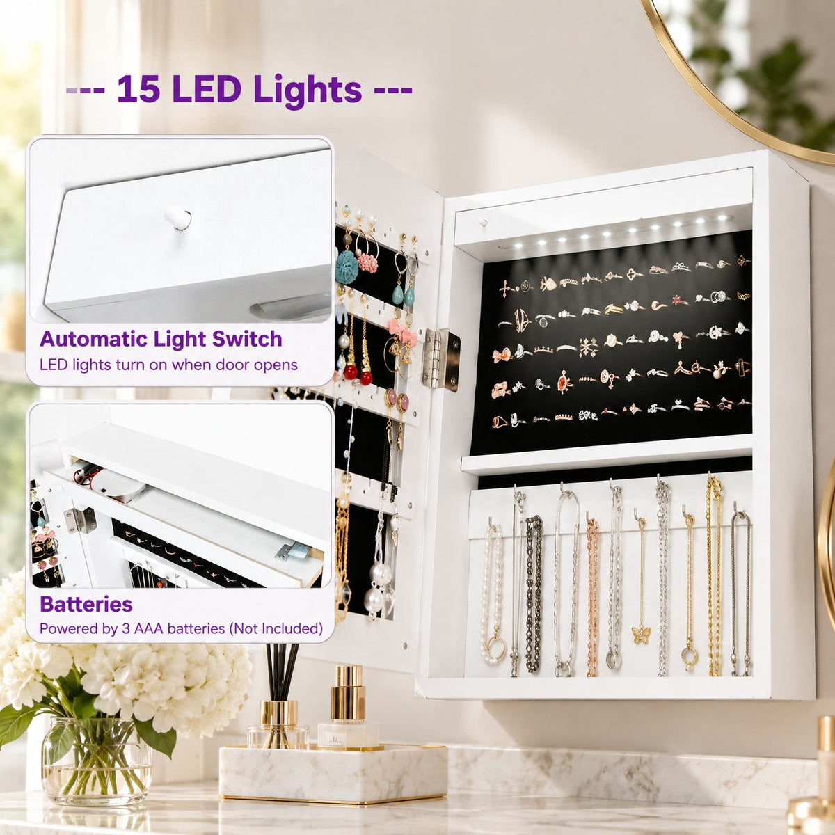 Airfind Wall Mounted Lockable Mirror Jewelry Cabinet with LED Light, Real glass quality MDF soft velvet Frame, 14.5in x 3.5in x 56.5in Footprint, White
