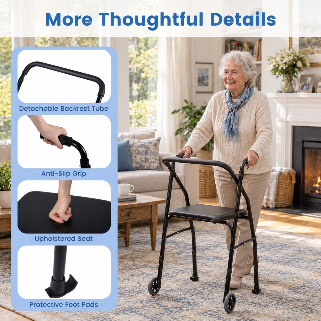 Airfind Lightweight Aluminum Mobility Walker for Seniors with 2 Wheels 5-Level Adjustable Height and Padded Seat, 220 lbs Capacity, Black