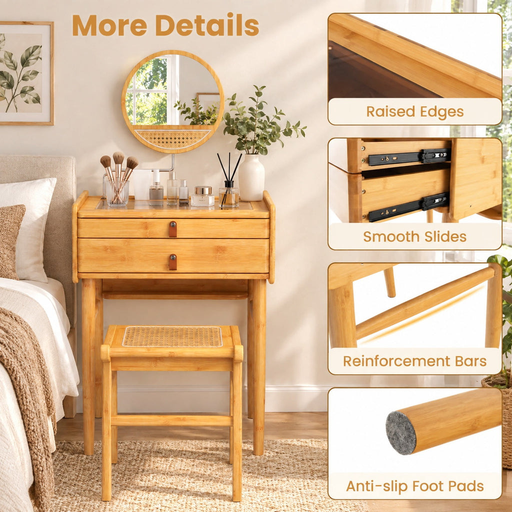 Airfind Bamboo Makeup Vanity Table with Mirror with 2 Storage Drawers, 22 lbs Capacity, Bamboo Glass Stainless Steel Frame, Natural