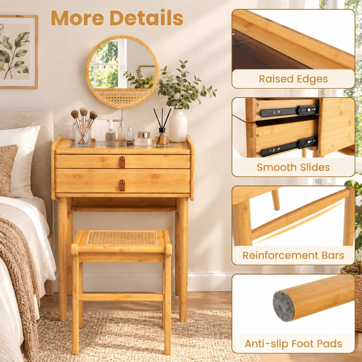 Airfind Bamboo Makeup Vanity Table with Mirror with 2 Storage Drawers, 22 lbs Capacity, Bamboo Glass Stainless Steel Frame, Natural