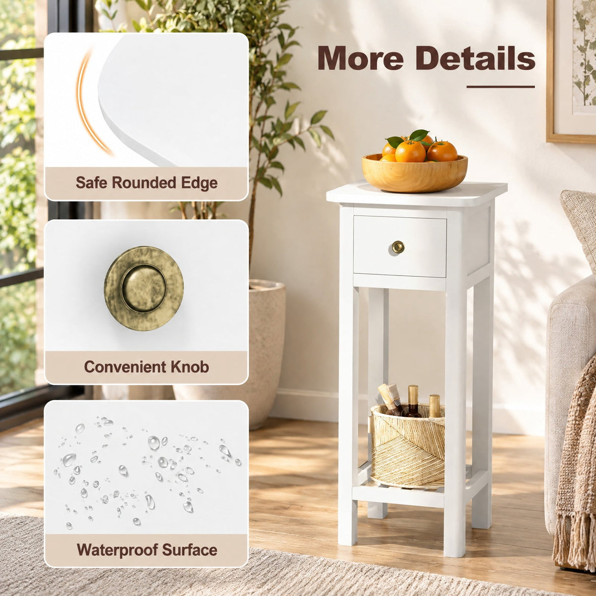 Airfind 2 Tier Slim Nightstand Bedside Table with Drawer Shelf, 155 lbs Capacity, Acacia Wood MDF Frame, 11.5 x 13.5 x 31.5 Footprint, White