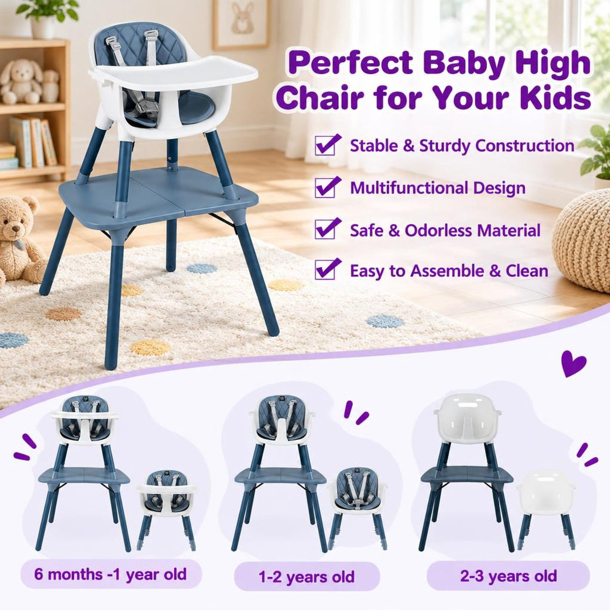 Airfind 4-in-1 Youth Convertible Youth Table Chair Set featuring PU Cushion, 33 lbs Capacity, PU PP Metal Frame, for 6-36 Months, Blue