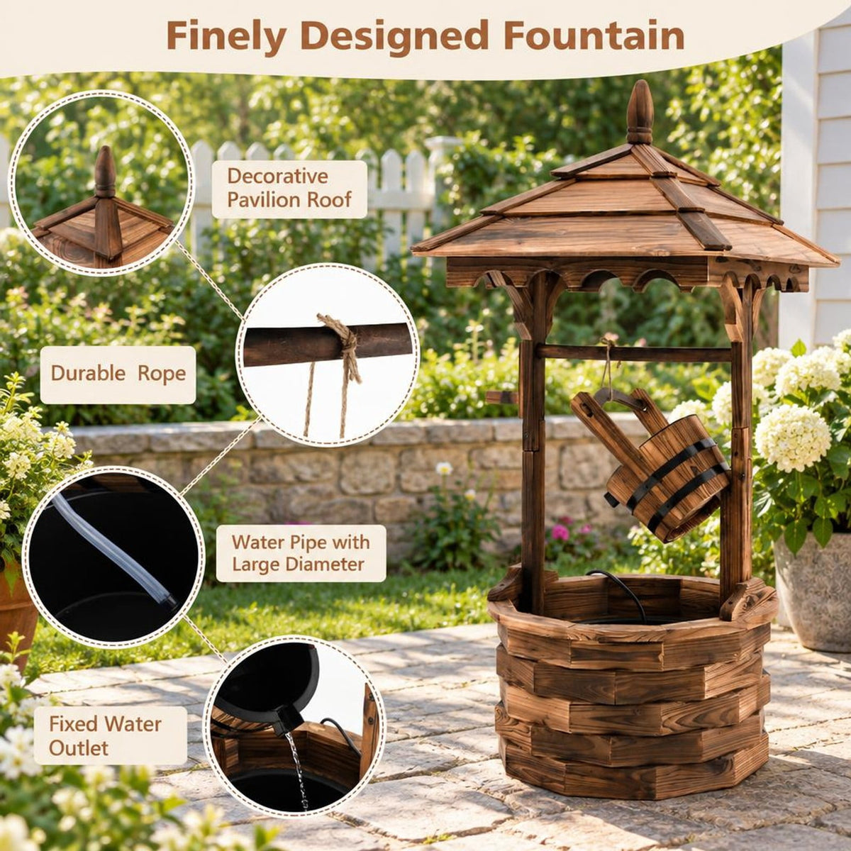 Airfind Patio Wooden Water Fountain with Electric Pump, Fir Wood, 22.5 Inch X 22.5 Inch X 48.5 Inch (l X W X H) Water Bucket for Convenient Everyday Use, Brown