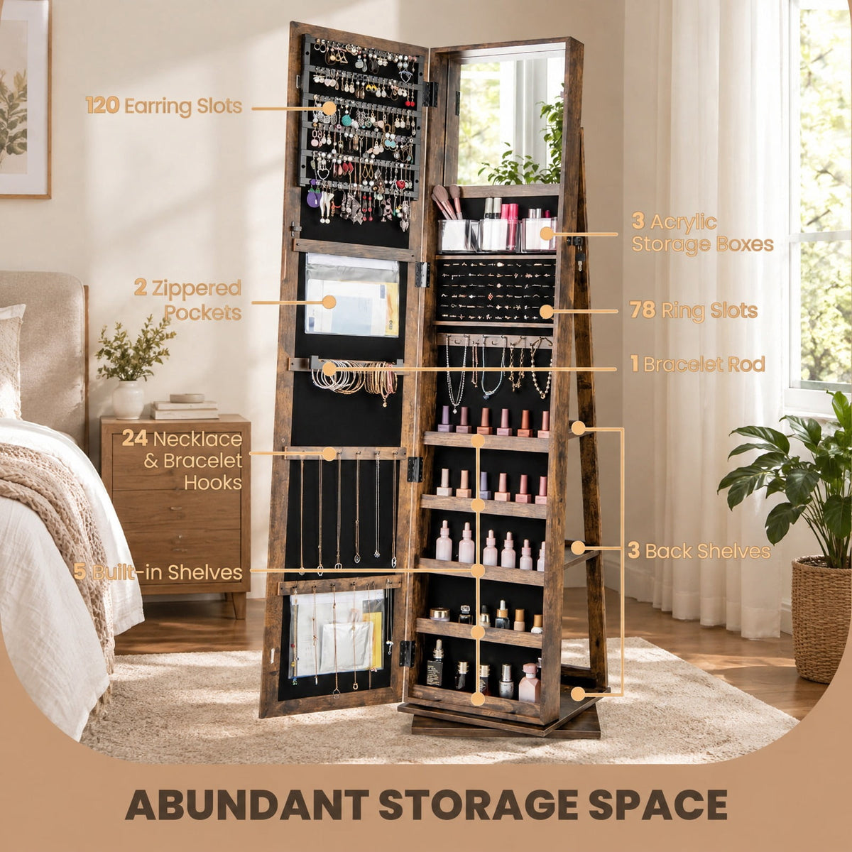 Airfind 360° Swivel Jewelry Armoire Standing Jewelry Organizer with Full Length Mirror and Back Shelves, MDF Glass Frame, Brown