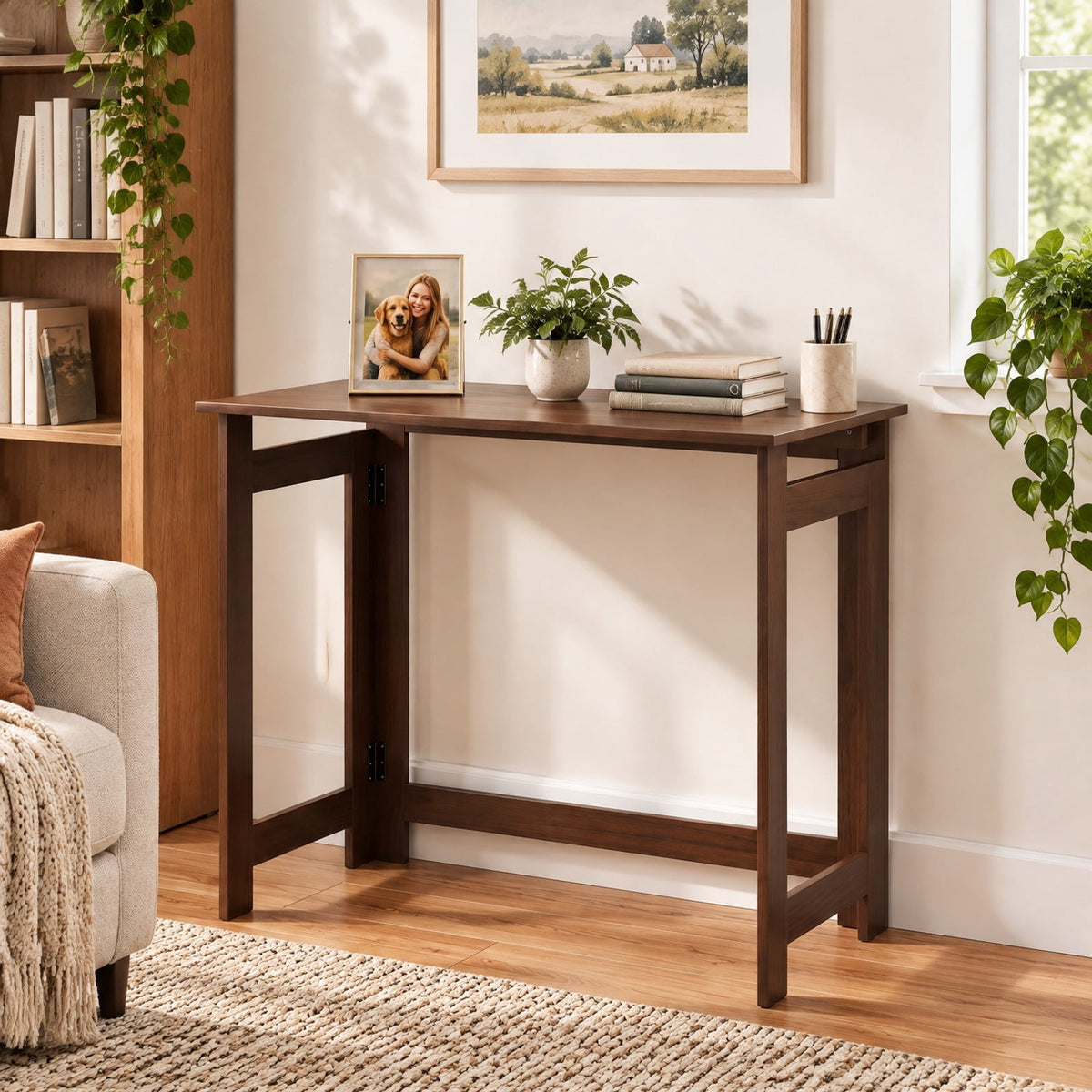 Airfind Folding Console Table with Foldable Legs, 55 lbs Capacity, Engineered Wood Frame, 31.5 Inch x 16 Inch x 29.5 Inch Footprint, Brown