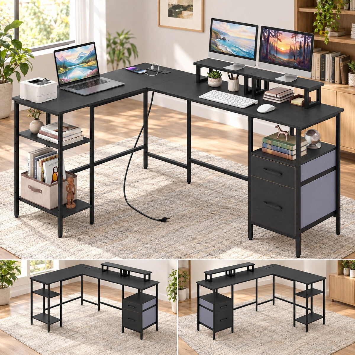 Airfind L Shaped Desk with Power Outlet Reversible Computer Desk with Monitor Stands, 155 lbs Capacity, Engineered Wood Metal Fabric Frame, Black