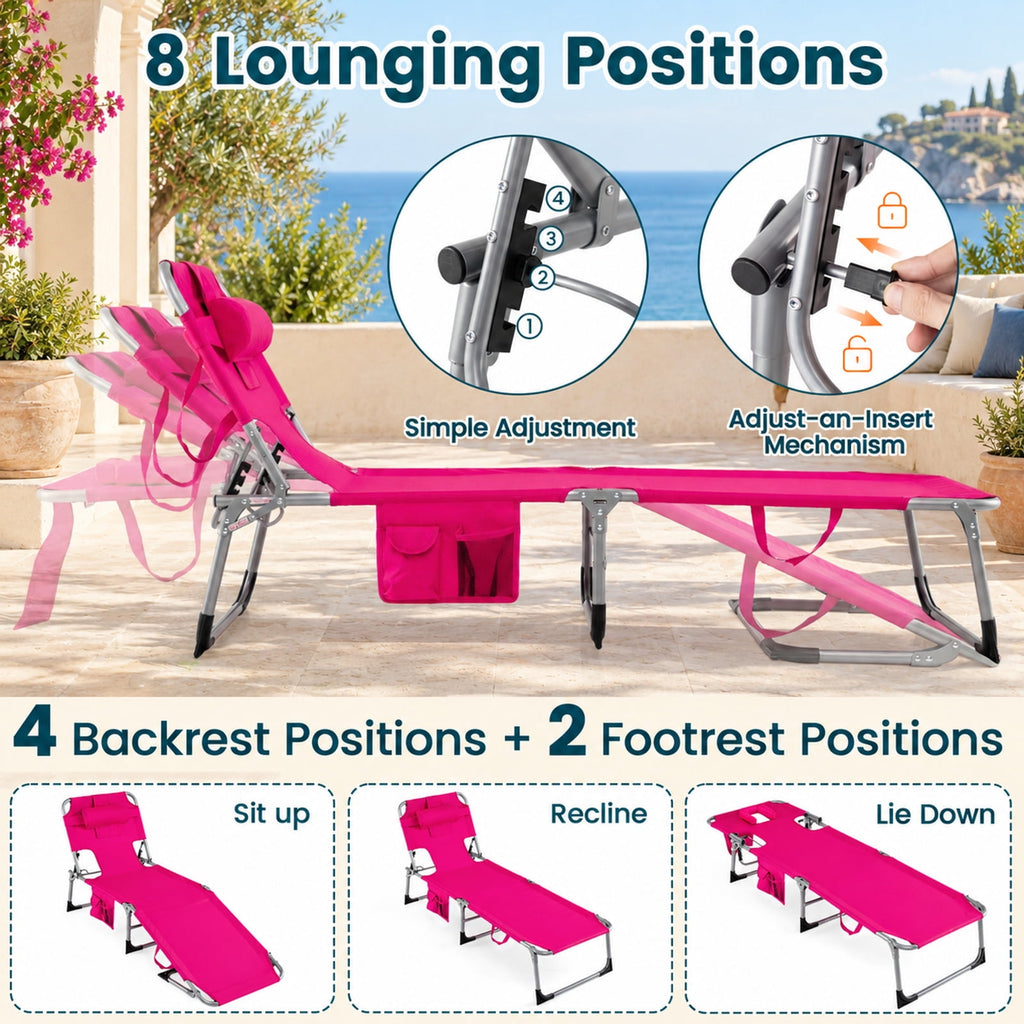 Airfind Set of 2 Tanning Chair Portable Chaise Lounge Chair with 4-Position Adjustable Backrest, 330 lbs Capacity, Pink