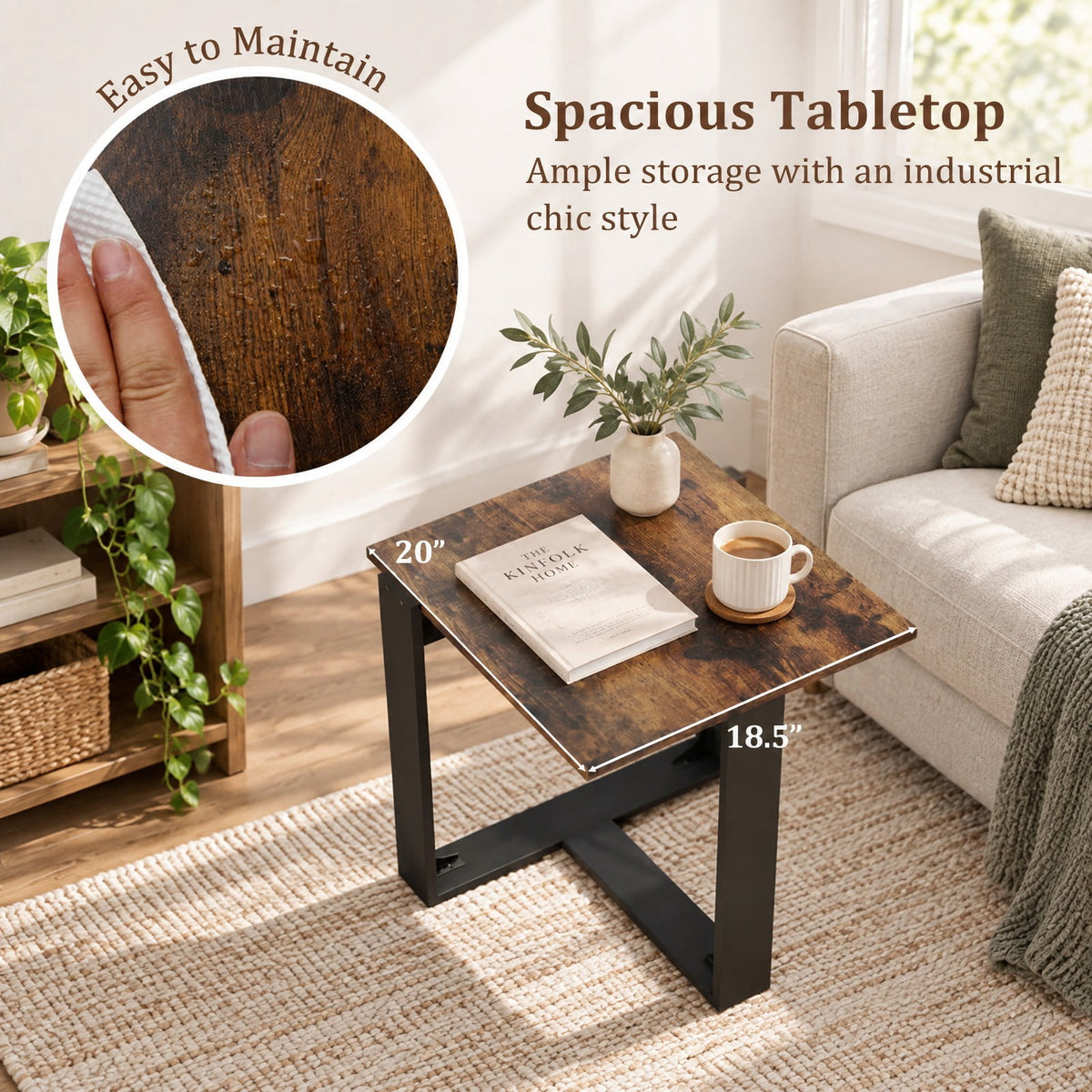 Airfind Industrial Sofa End Table with Metal Frame-2, 110 lbs Capacity, Engineered Wood Metal Frame, 20 x 20 x 20 Footprint, Rustic Brown Black