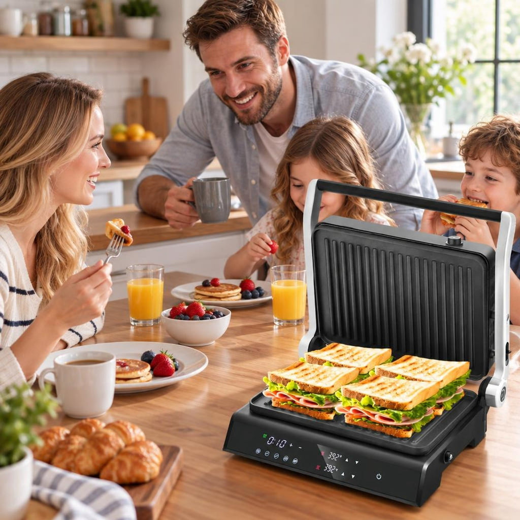 Airfind 3 in 1 Indoor Electric Panini Press Grill with LED Display, Tempered Glass Aluminum Metal Stainless Steel Frame, Black
