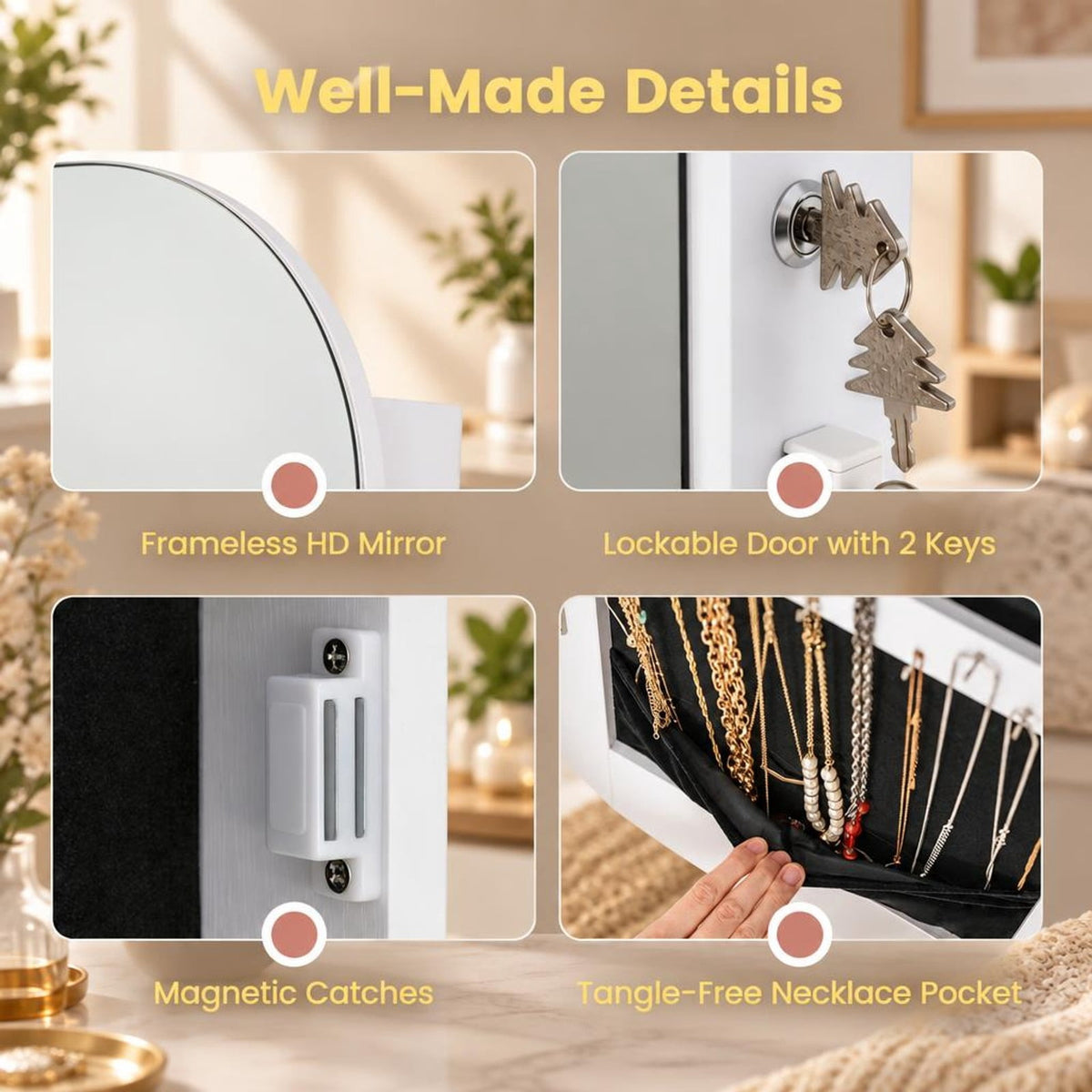 Airfind Jewelry Cabinet with Full-Length Mirror Large Storage Capacity, Engineered Wood Frame, 16.5 x 14.5 x 59 Footprint, White
