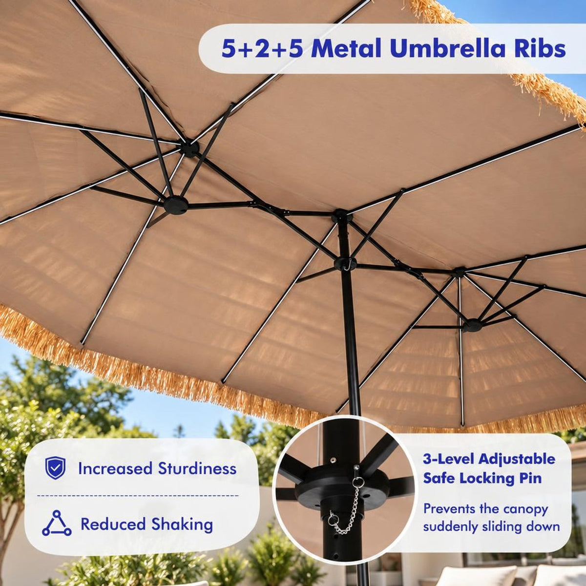 Airfind 15 x 9 FT Solar Double-sided Patio Umbrella with 144 Multi-colored Flowing Lights 12 Modes and 12 Ribs, Brown