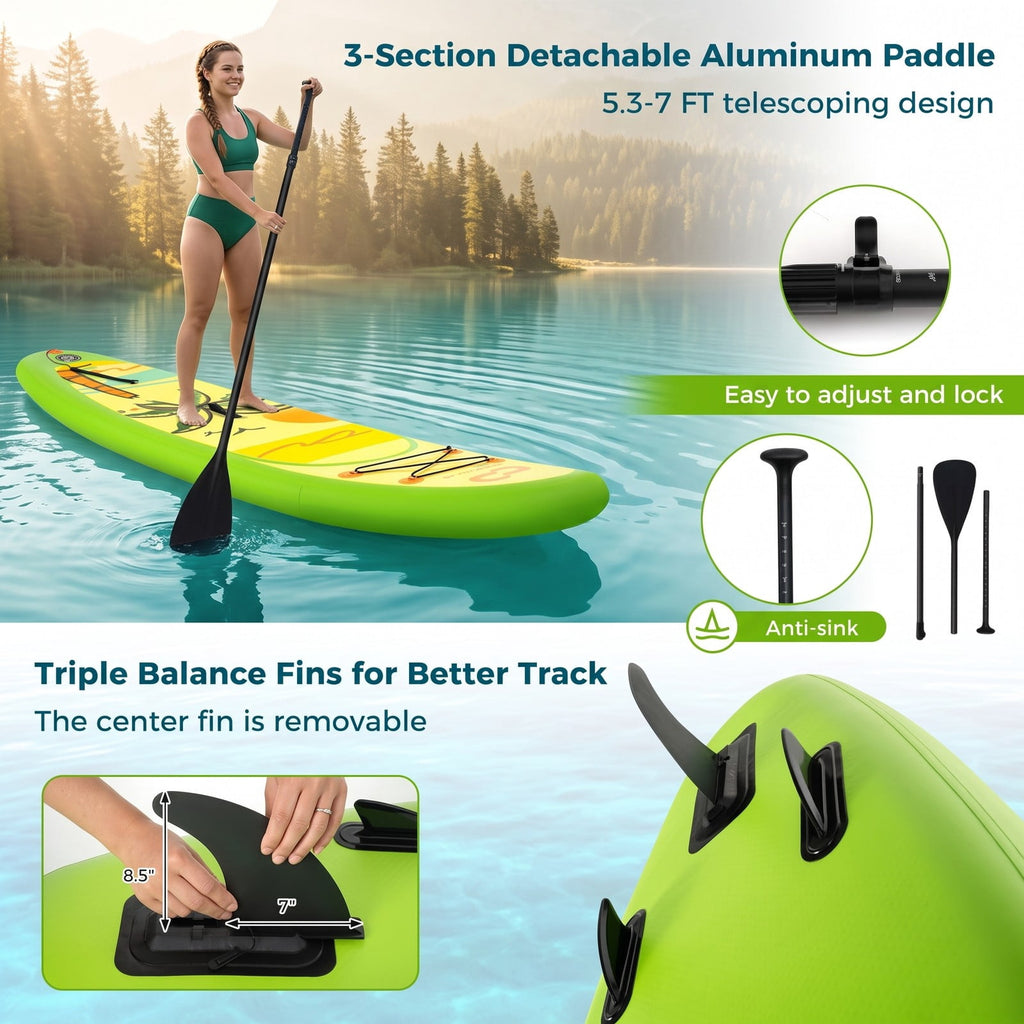 Airfind Inflatable Stand Up Paddle Board with 3 Fins and Telescoping Aluminum Paddle for Adults and All Skill Levels, Green and Yellow
