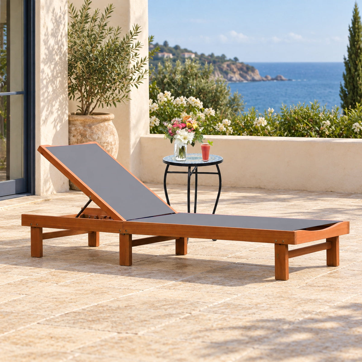 Airfind 5-Postion Backrest Adjustable Outdoor Wood Chaise Lounge Chair-2, 400 lbs Capacity, Fabric eucalyptus wood steel Frame, Wood