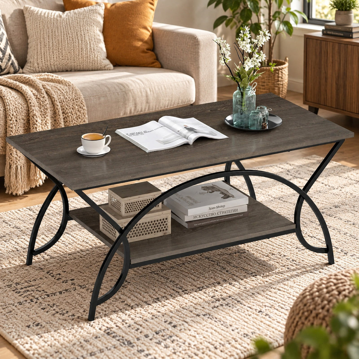 Airfind 2-Tier wood grain Coffee Table with wood grain top and Metal Frame, 110 lbs Capacity, Engineered wood steel Frame, Oak