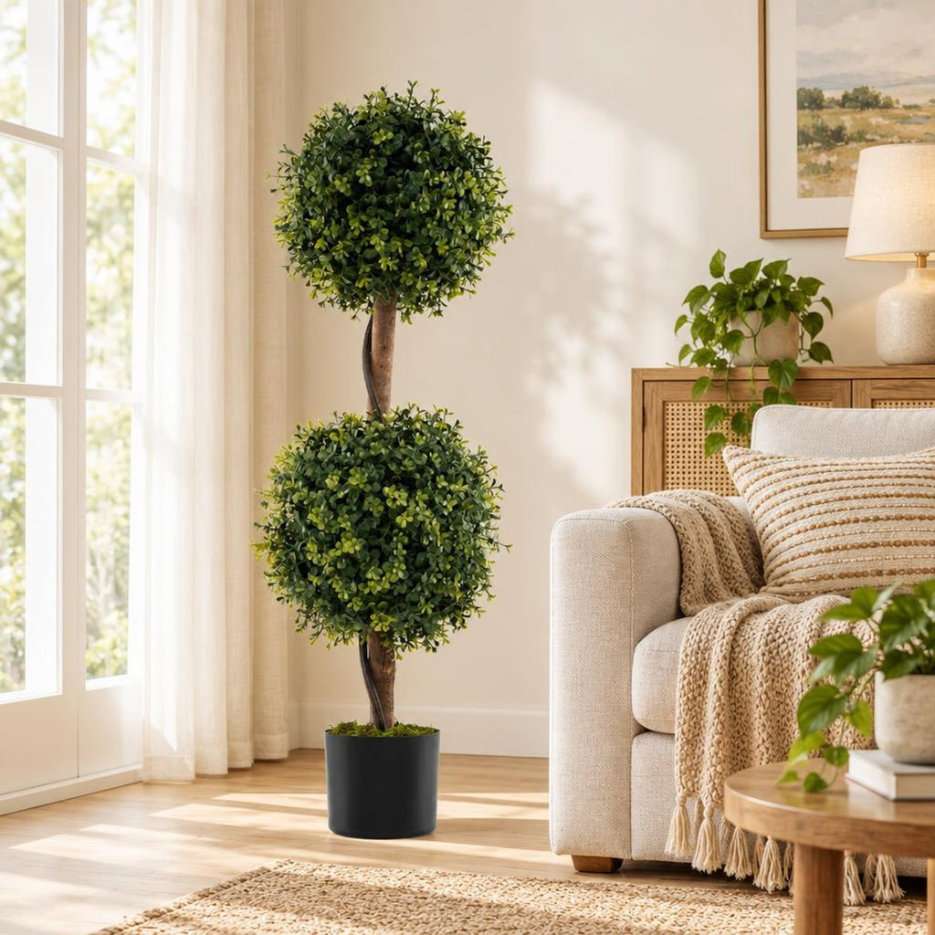 Airfind Set of 2 Artificial Double Topiary Ball Trees, PE Birch Wood Natural Moss PP Cement Overall Height 35.5 Frame, Green