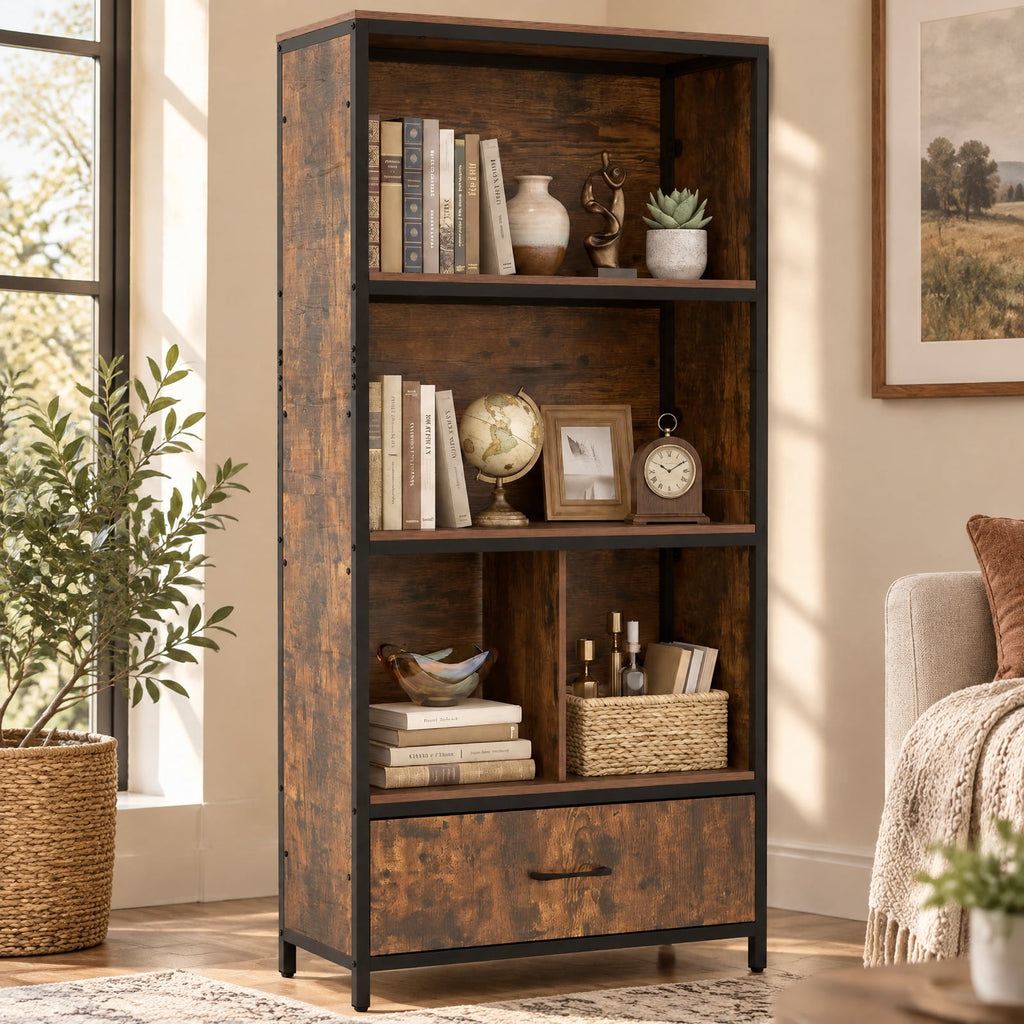 Airfind 56in Tall Freestanding Bookcase with Drawer 5 Tier, 44 lbs Capacity, Engineered Wood Metal Frame, 27in x 12in x 56in Footprint