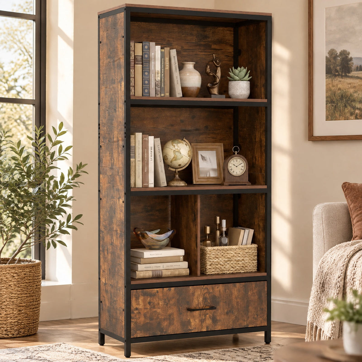 Airfind 56in Tall Freestanding Bookcase with Drawer 5 Tier, 44 lbs Capacity, Engineered Wood Metal Frame, 27in x 12in x 56in Footprint