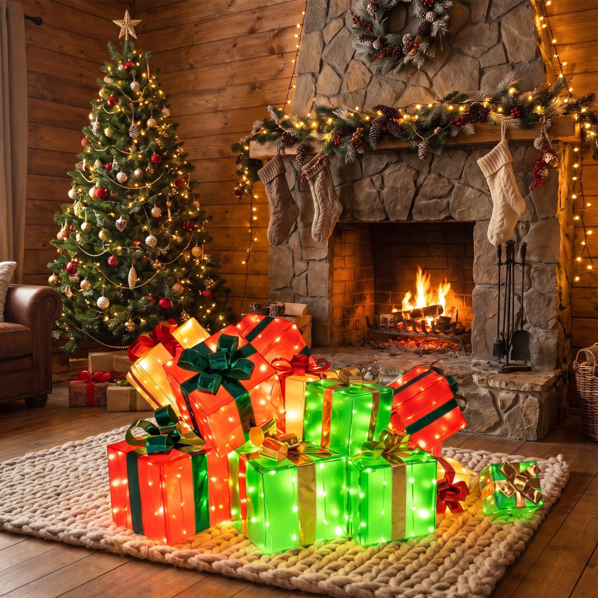 Airfind 15 PCS Lighted Christmas Boxes with Bowknot and 483 LED Light Bulbs for Indoor Outdoor, PVC Fabric Metal Frame, Red + Green + Gold