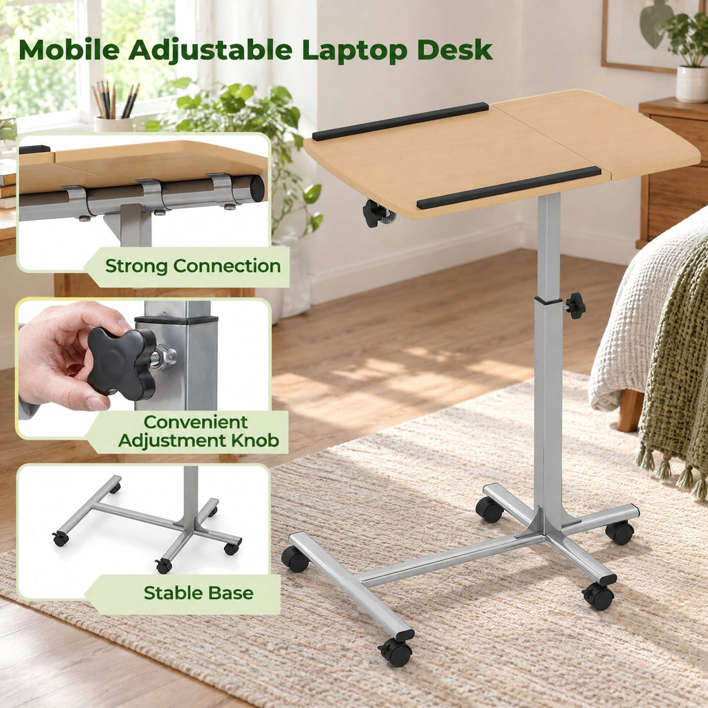 Airfind Adjustable Angle Height Rolling Laptop Table, Steel (frame) Frame, 23.5 x 16 x 24.5-36 (L x W x Adjustable H) Steel tube Footprint