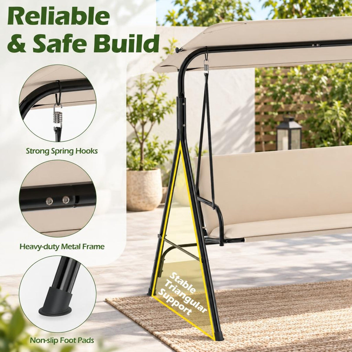 Airfind 3-Seat Patio Swing Chair with Adjustable Canopy and Removable Cushion, 800 lbs Capacity, Metal Polyester Fabric Sponge Mesh Fabric Frame