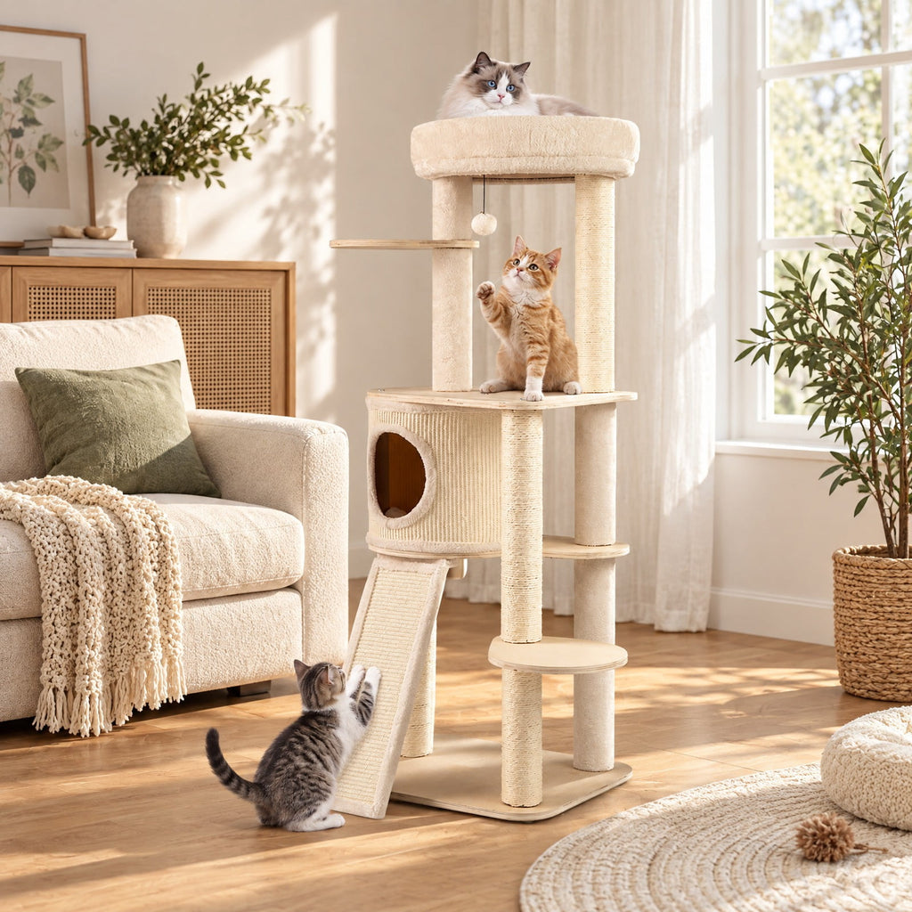 Airfind 56 Inch Tall Cat Tree with 2 Sisal Scratching Posts and Ladder, 33 lbs Capacity, 23 Inch x 19 Inch x 56 Inch Condo Footprint, Natural
