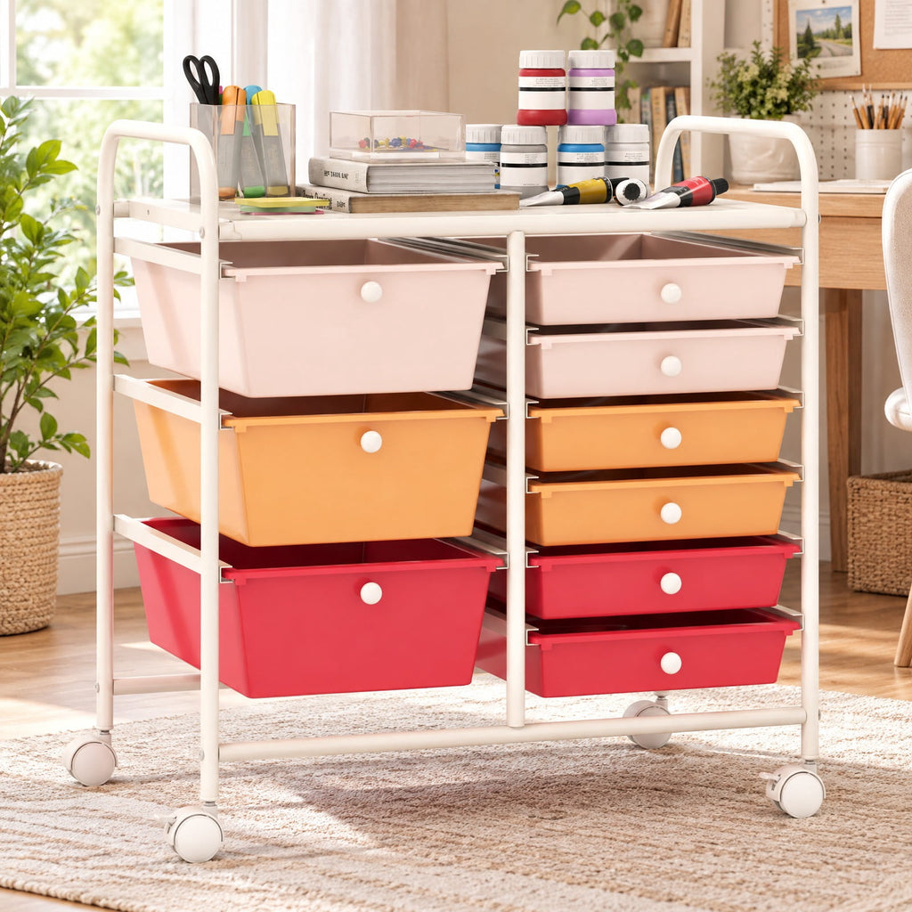 Airfind 9-Drawer Rolling Storage Cart with Colorful Drawers and Metal Frame, Metal Frame, 25 Inch x 14.5 Inch x 24.5 Inch (L x W x H) Large Drawer Footprint